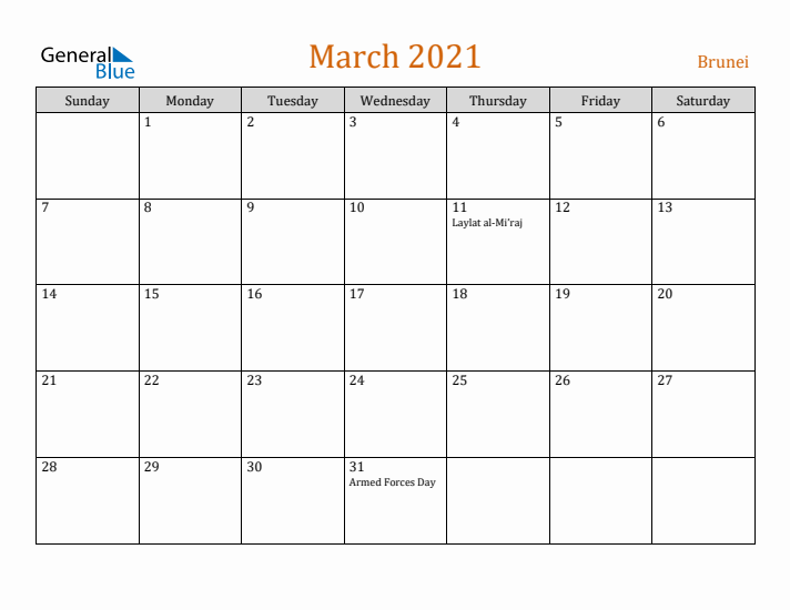 March 2021 Holiday Calendar with Sunday Start