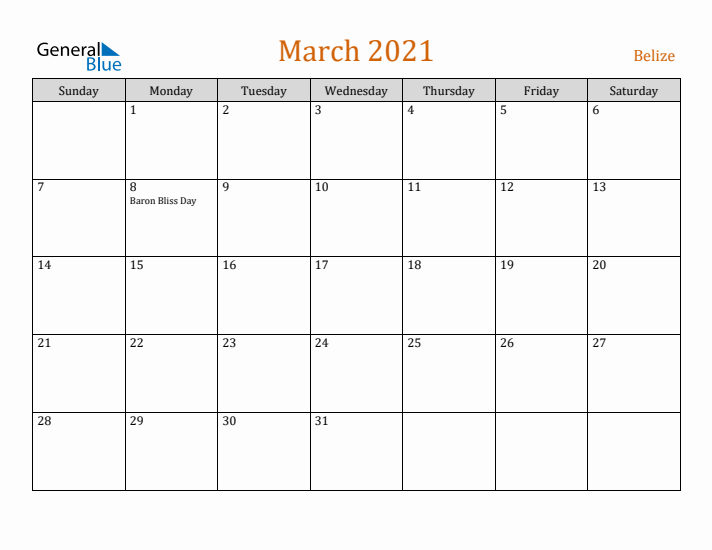 March 2021 Holiday Calendar with Sunday Start