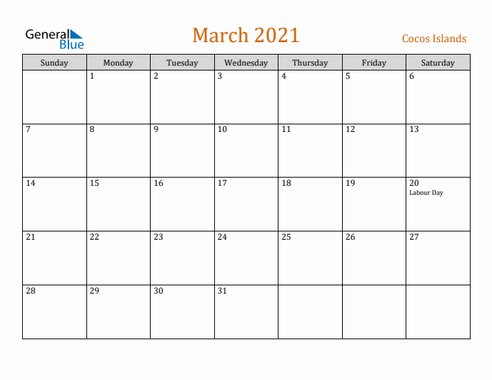 March 2021 Holiday Calendar with Sunday Start