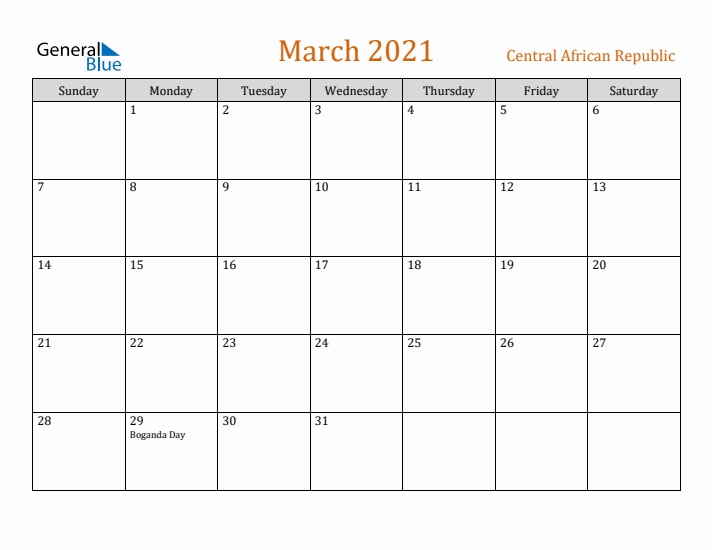 March 2021 Holiday Calendar with Sunday Start