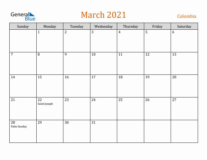 March 2021 Holiday Calendar with Sunday Start