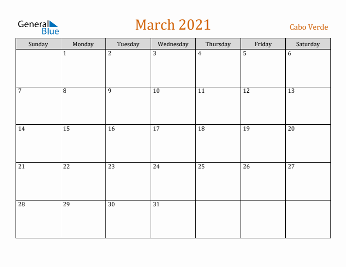 March 2021 Holiday Calendar with Sunday Start