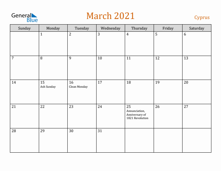 March 2021 Holiday Calendar with Sunday Start