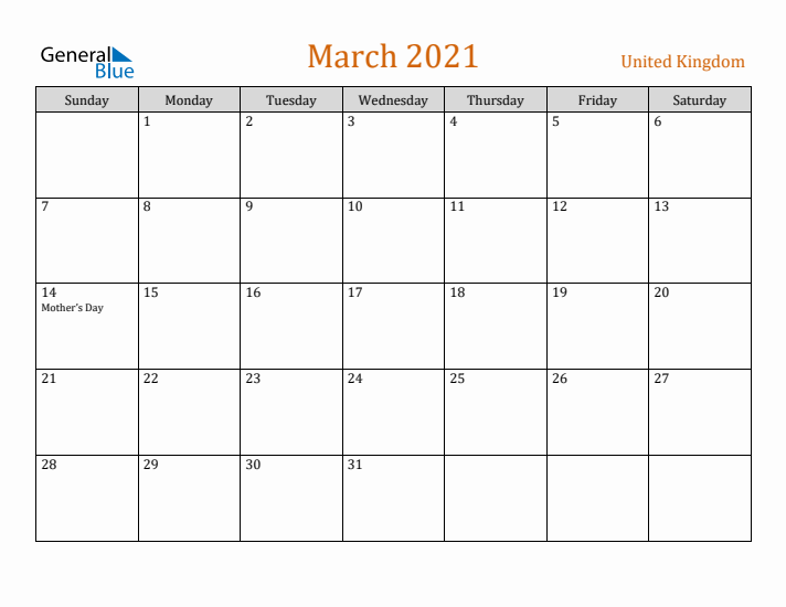 March 2021 Holiday Calendar with Sunday Start