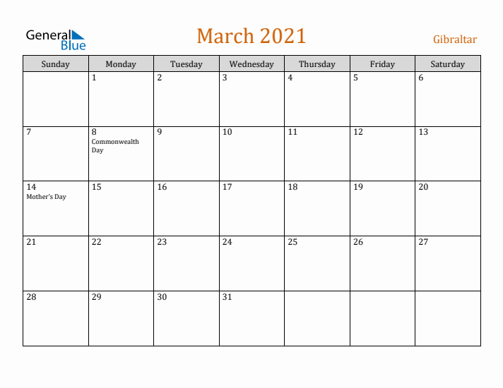 March 2021 Holiday Calendar with Sunday Start