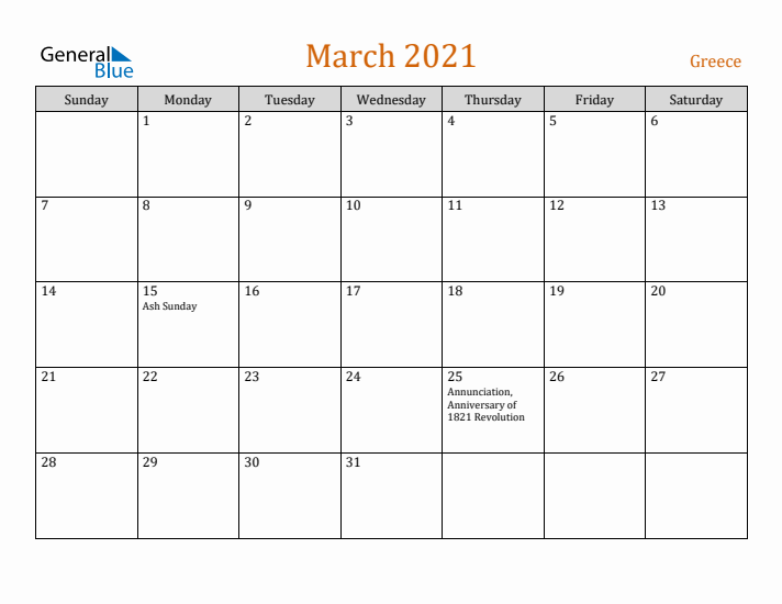 March 2021 Holiday Calendar with Sunday Start