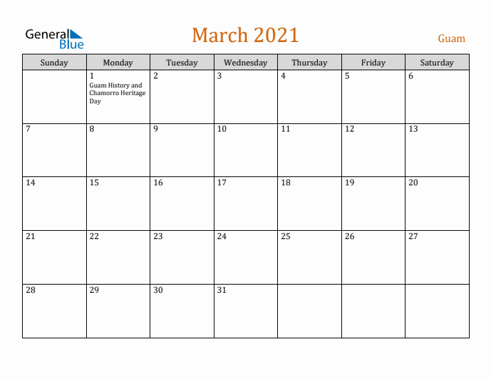 March 2021 Holiday Calendar with Sunday Start