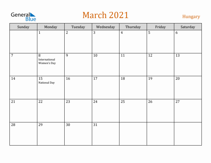 March 2021 Holiday Calendar with Sunday Start