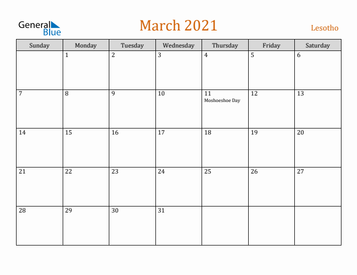 March 2021 Holiday Calendar with Sunday Start