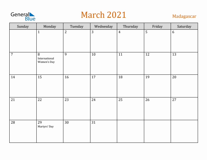 March 2021 Holiday Calendar with Sunday Start