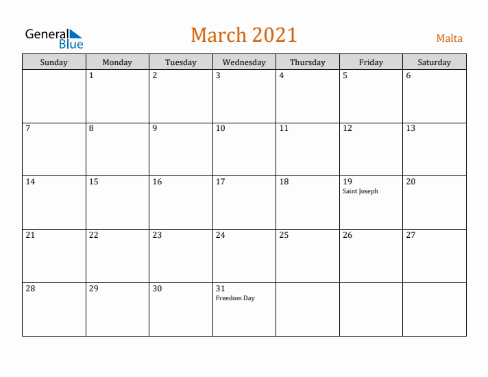 March 2021 Holiday Calendar with Sunday Start