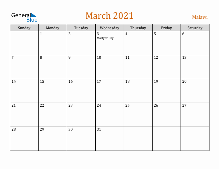 March 2021 Holiday Calendar with Sunday Start