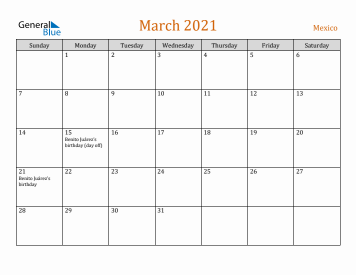 March 2021 Holiday Calendar with Sunday Start