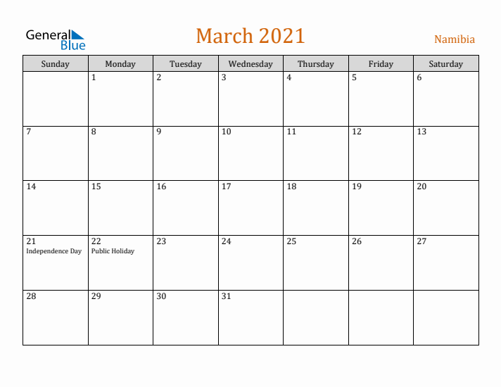 March 2021 Holiday Calendar with Sunday Start