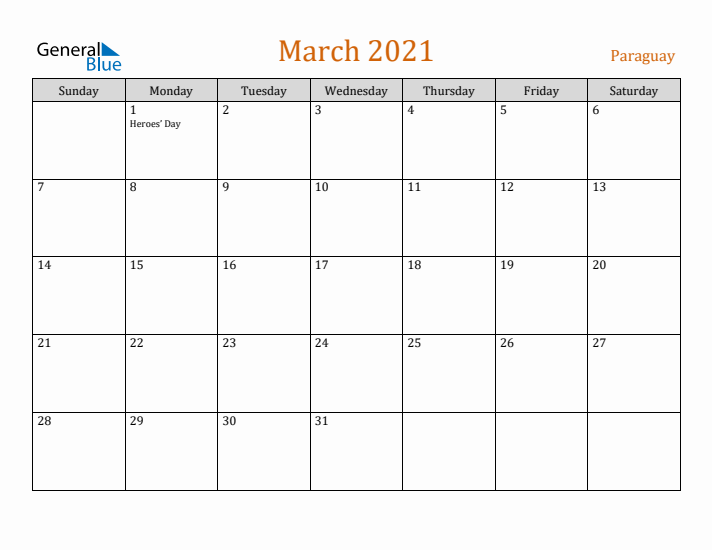 March 2021 Holiday Calendar with Sunday Start