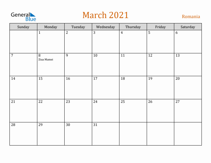 March 2021 Holiday Calendar with Sunday Start