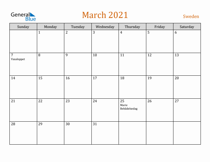 March 2021 Holiday Calendar with Sunday Start