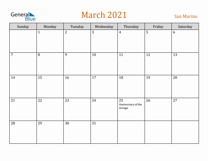 March 2021 Holiday Calendar with Sunday Start