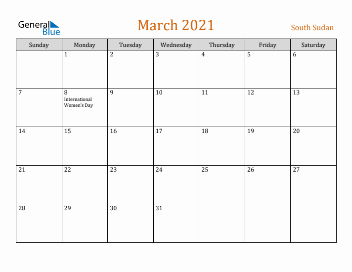 March 2021 Holiday Calendar with Sunday Start