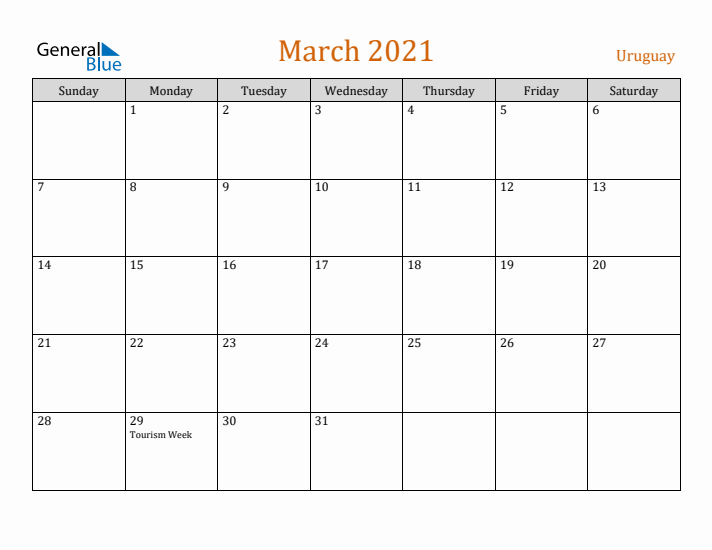 March 2021 Holiday Calendar with Sunday Start