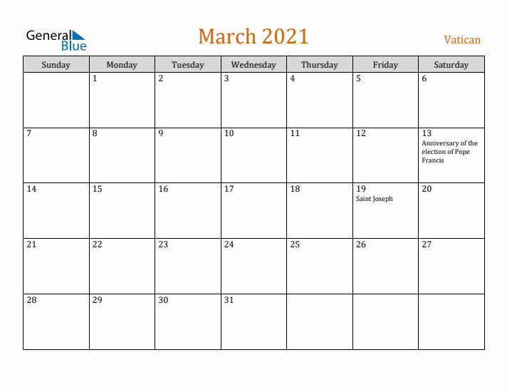 March 2021 Holiday Calendar with Sunday Start