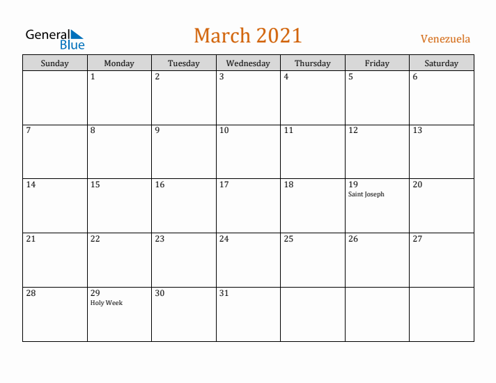 March 2021 Holiday Calendar with Sunday Start