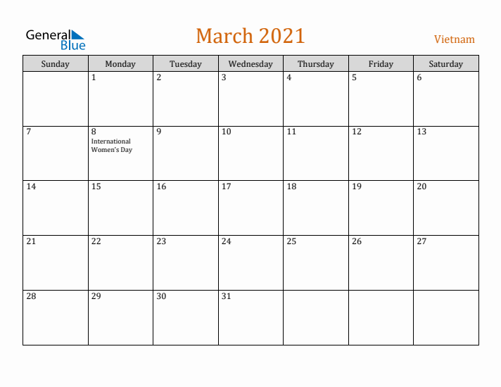 March 2021 Holiday Calendar with Sunday Start