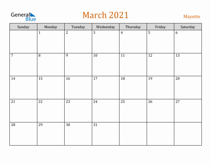 March 2021 Holiday Calendar with Sunday Start