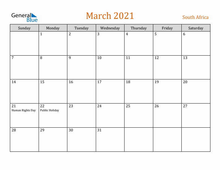 March 2021 Holiday Calendar with Sunday Start