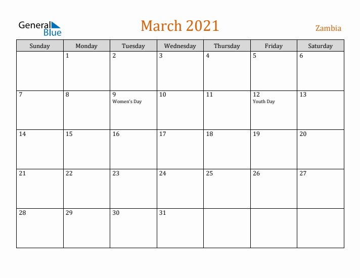 March 2021 Holiday Calendar with Sunday Start