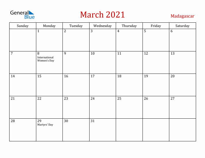 Madagascar March 2021 Calendar - Sunday Start