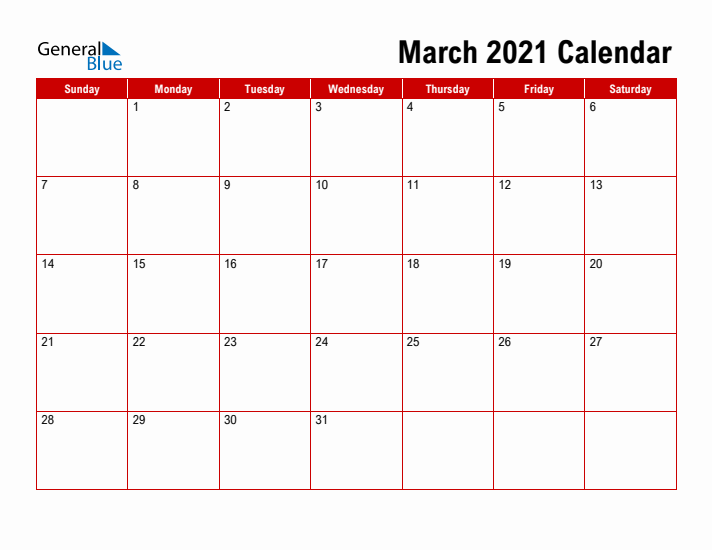 Simple Monthly Calendar - March 2021