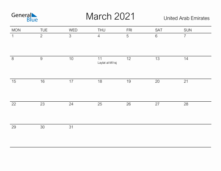 Printable March 2021 Calendar for United Arab Emirates