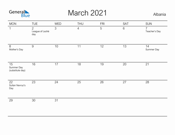 Printable March 2021 Calendar for Albania