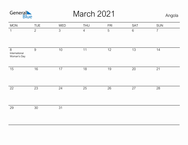 Printable March 2021 Calendar for Angola