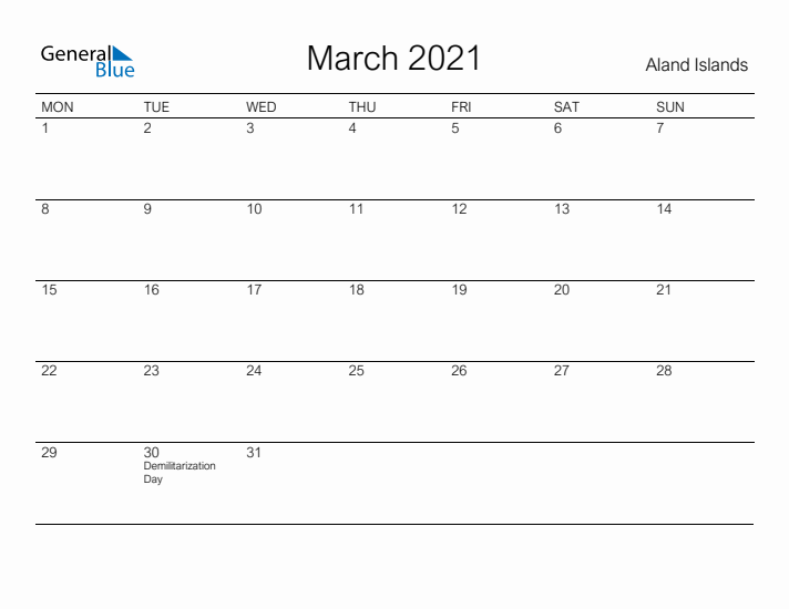 Printable March 2021 Calendar for Aland Islands