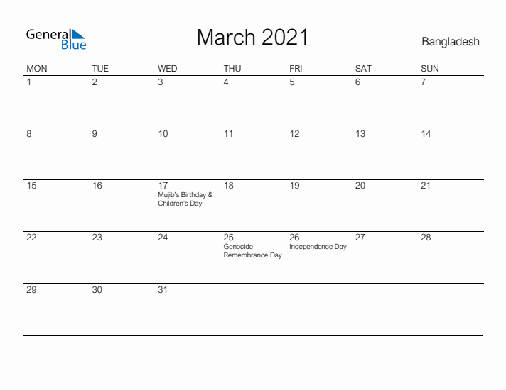 Printable March 2021 Calendar for Bangladesh