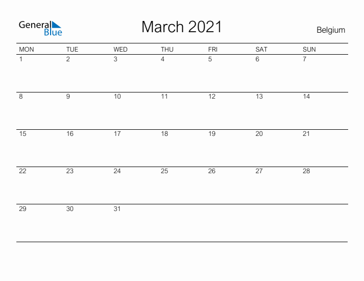 Printable March 2021 Calendar for Belgium