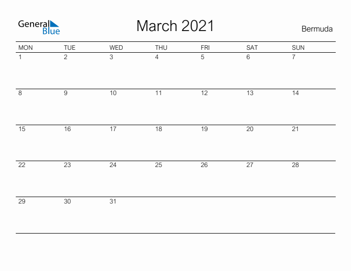 Printable March 2021 Calendar for Bermuda