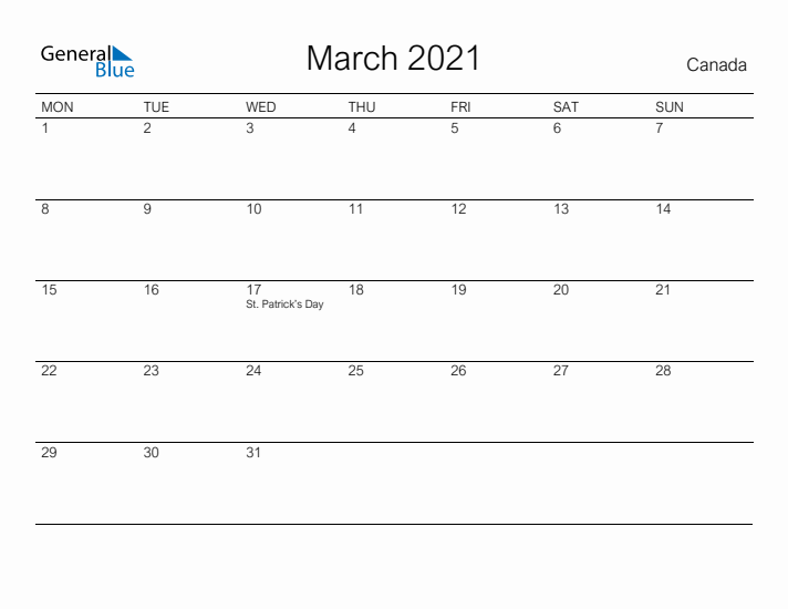 Printable March 2021 Calendar for Canada