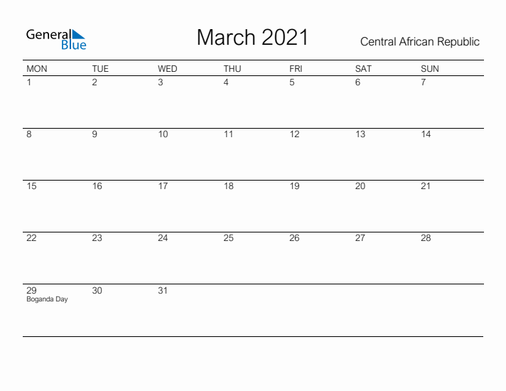 Printable March 2021 Calendar for Central African Republic