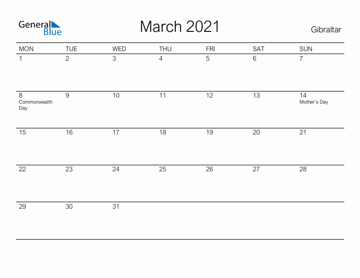 Printable March 2021 Calendar for Gibraltar