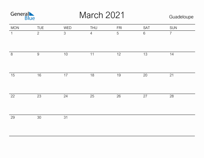 Printable March 2021 Calendar for Guadeloupe