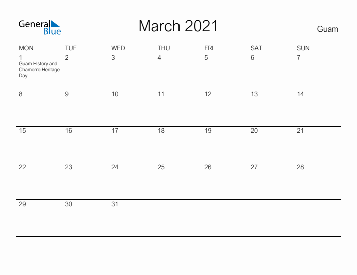 Printable March 2021 Calendar for Guam