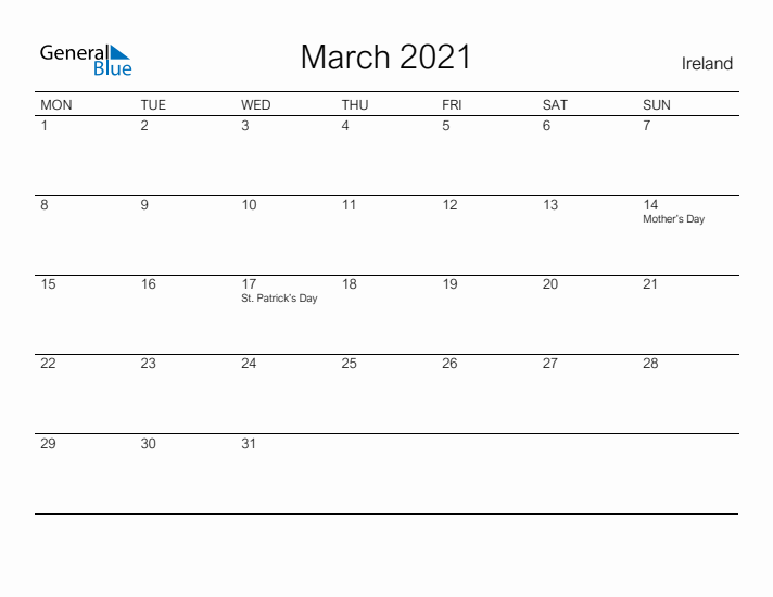 Printable March 2021 Calendar for Ireland