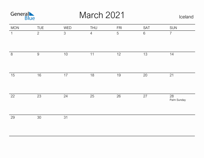 Printable March 2021 Calendar for Iceland