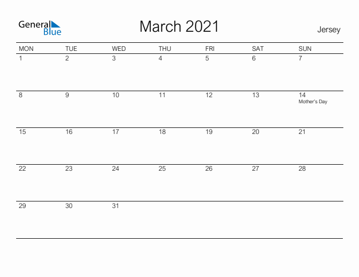 Printable March 2021 Calendar for Jersey