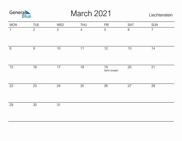 Printable March 2021 Calendar for Liechtenstein