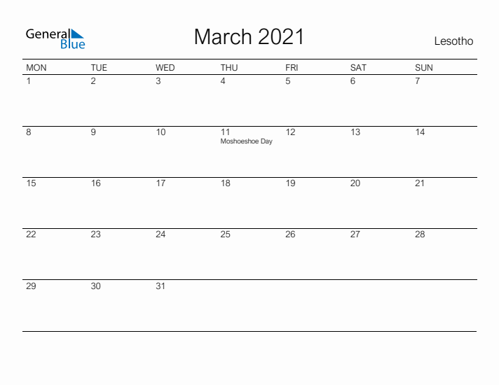 Printable March 2021 Calendar for Lesotho