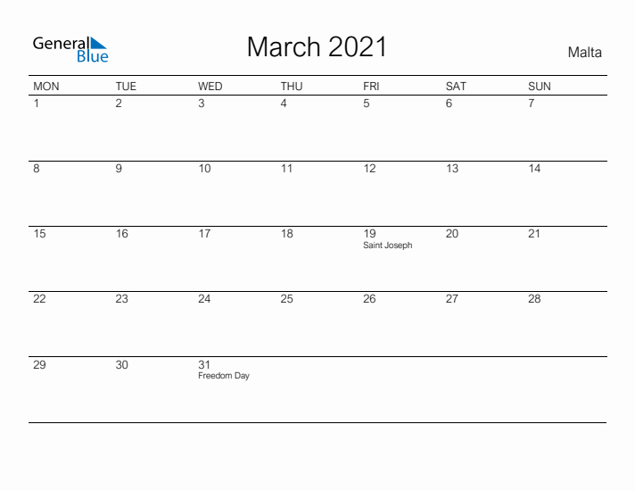 Printable March 2021 Calendar for Malta